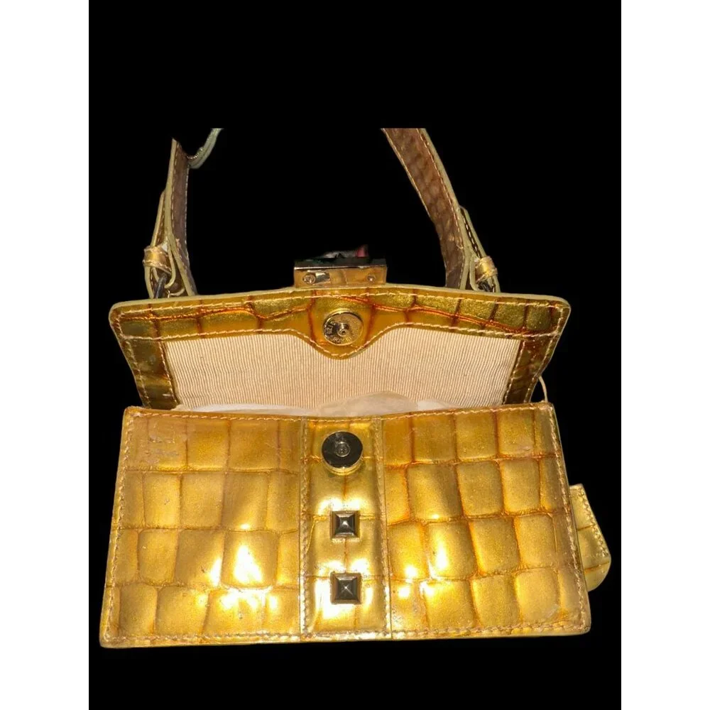 Cynthia Rowley Purse Gold Metallic Croc Embossed Leather Cocco Bello Mini Bag - Picture 7 of 11
